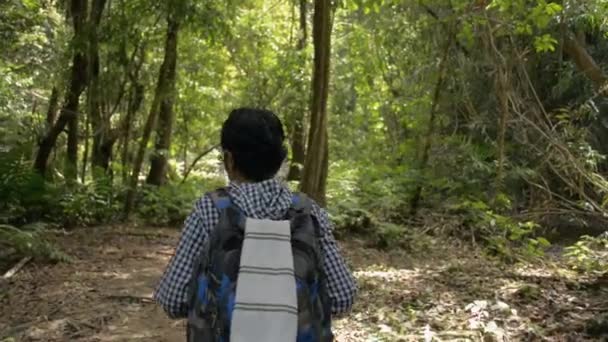 Rear View Follow Shot Woman Backpacker Walking Tropical Forest Aiming — Stock Video