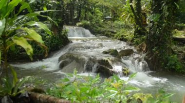 Şelalenin üzerinden akan tatlı su akıntısı tropikal yağmur ormanlarındaki yemyeşil bitki örtüsünün güzel manzarası. Yağmur mevsiminde ormandaki manzara. Tayland.