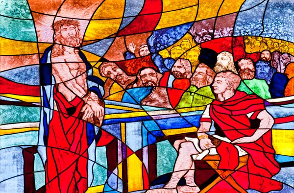 Stained glass showing Jesus condemned to death — Stock Photo, Image