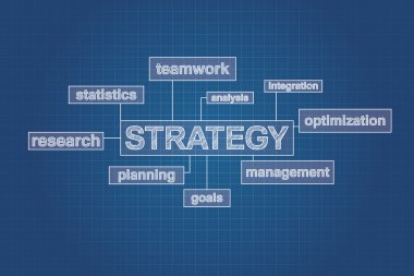 Strateji planlama kavramı kelime bulutu blueprint, teknik çizim.