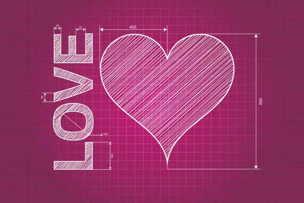 Abstracte liefde hart blauwdruk, roze achtergrond met maatregelen, krabbelde stijl. — Stockvector