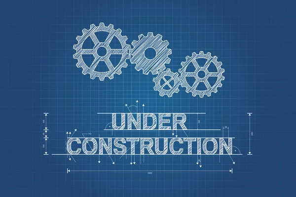 Under construction blueprint, technical drawing with gear wheel — Stock Vector