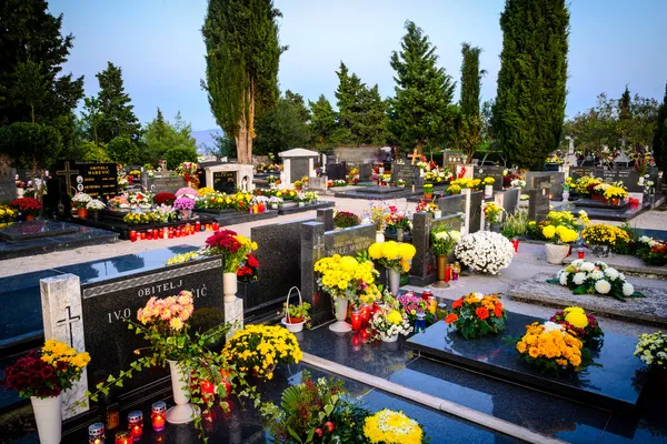 Authentic Dalmatian cemetery in Croatia with many flowers and ca — Stock Photo, Image
