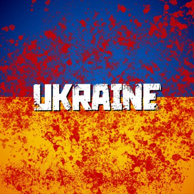 Kanlı arka plan ve Ukrayna bayrağı üzerinde Rusya ve Ukrayna savaş çatışması kavramı.