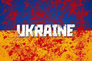 Kanlı arka plan ve Ukrayna bayrağı üzerinde Rusya ve Ukrayna savaş çatışması kavramı.