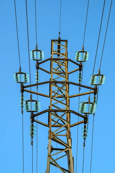Lignes Électriques Haute Tension Centrale Distribution Électricité Tour Transmission Électrique — Photo