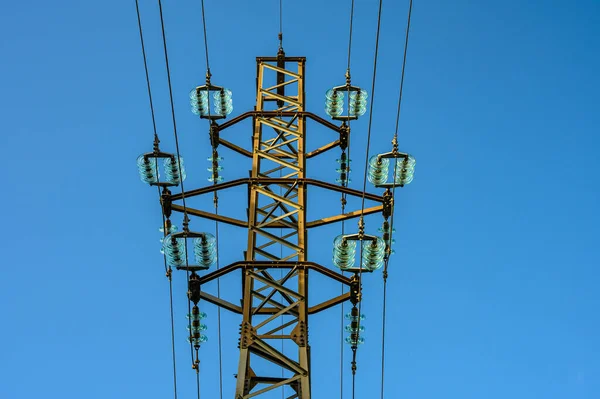 Líneas Alta Tensión Estación Distribución Electricidad Torre Transmisión Eléctrica Alto — Foto de Stock