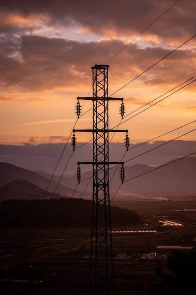 Líneas Alta Tensión Estación Distribución Electricidad Torre Transmisión Eléctrica Alto — Foto de Stock