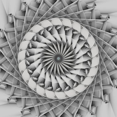 3D soyut sanat eseri sürreal 3D makine endüstriyel türbin jet motoru ya da parlak arka planda keskin fraktal bıçaklarla sarmal biçimli çiçek.