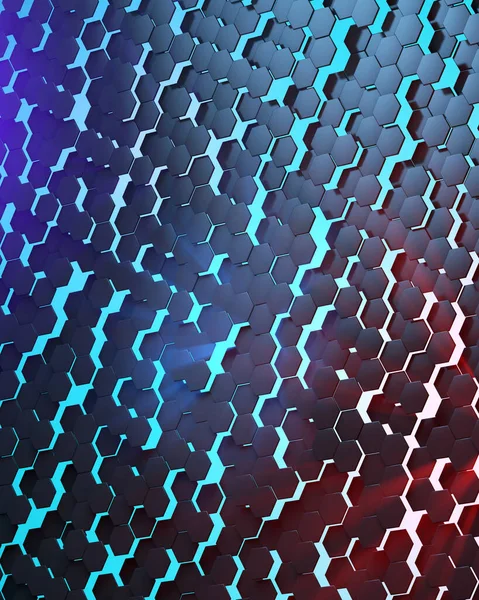 技術的六角形の背景 周囲の照明 青色の赤色のライト 3Dレンダリング — ストック写真
