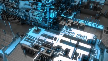 Devre kartı, mikroçipler, işlemciler ve diğer yüksek teknoloji parçaları. Fütürist teknoloji. Devre kartı mikro yapısı siber uzay. 3D bilim kurgu geçmişi. 3 boyutlu görüntüleme. Mavi parıltı.
