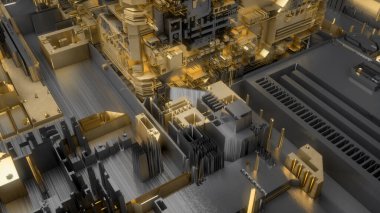 Devre kartı, mikroçipler, işlemciler ve diğer yüksek teknoloji parçaları. Fütürist teknoloji. Devre kartı mikro yapısı siber uzay. 3D bilim kurgu geçmişi. 3 boyutlu görüntüleme. Gloden metali.