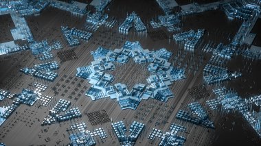 Devre kartı, mikroçipler, işlemciler ve diğer yüksek teknoloji parçaları. Fütürist teknoloji. Devre kartı mikro yapısı siber uzay. 3D bilim kurgu geçmişi. 3 boyutlu görüntüleme. Mavi parıltı.