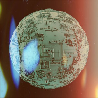 Karanlık arka planda mercek alevi ve alan bulanıklığı olan mistik bir küre. Bilim kurgu konsepti. 3d illüstrasyon.