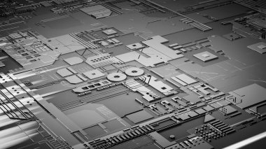 Yansıması ve ışığı olan bir devre metalinin makro görüntüsü. Gelecek ve teknoloji kavramı. 3d görüntüleme - İllüstrasyon