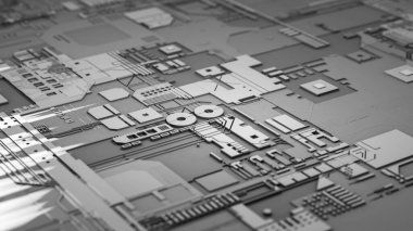 Yansıması ve ışığı olan bir devre metalinin makro görüntüsü. Gelecek ve teknoloji kavramı. 3d görüntüleme - İllüstrasyon