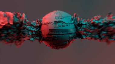 Soyut elementleri delip geçen küresel bilim kurgu objesi. Hiper hız hareketinden kaynaklanan hareket bulanıklığı. 3D illüstrasyon popüler bilim kurgu filmlerine yıldız savaşlarına ve Star Trek 'e adanmıştır.