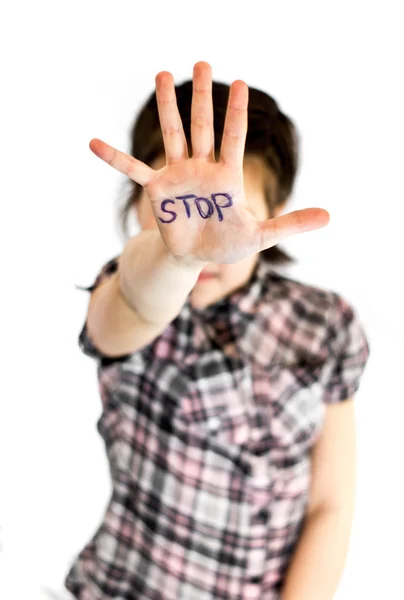 Kızın parlak görüntü Dur bir jest yapar