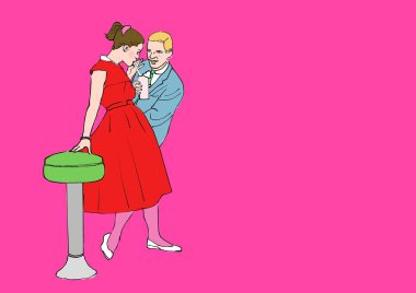 Retro karikatür çizim - kız ve erkek soda milkshake ile