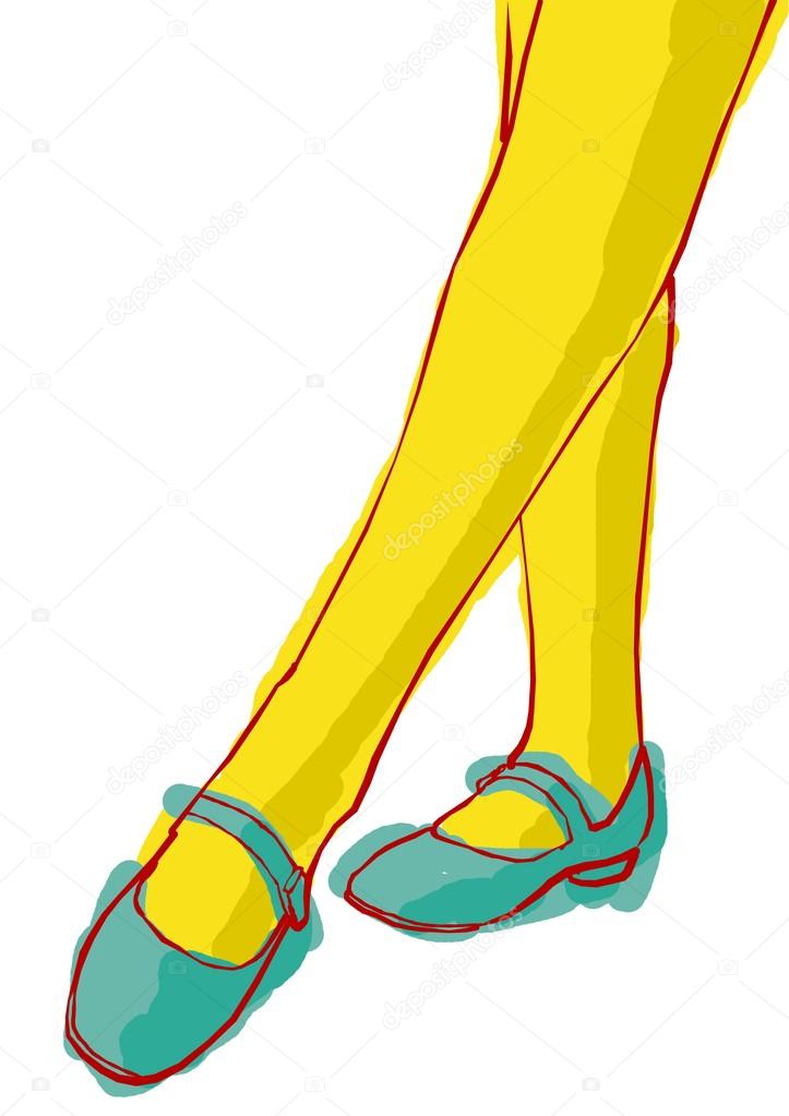 Drawing vintage girls legs in yellow tights blue shoes Stock