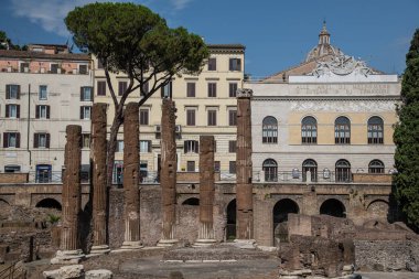 Şehir manzarası ve Roma 'dan genel mimari, İtalyan başkenti. Largo di Torre Arjantin, Arjantin Kulesi.