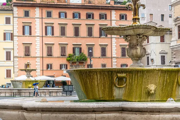カンポ フィオーリ近くのファルネーゼ広場 Farnese Square からは 1626年に建築家ジロラモ レインアルディとサンタ ブリジダ教会によって噴水が建てられました — ストック写真