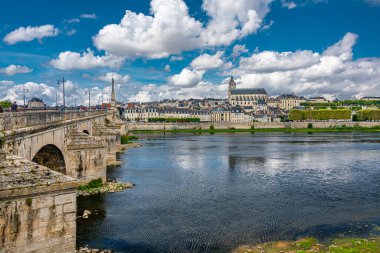 Blois and The Jacques-Gabriel Bridge, with the cathedral behind, over the Loire river, France