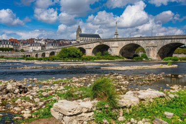 Blois and The Jacques-Gabriel Bridge, with the cathedral behind, over the Loire river, France