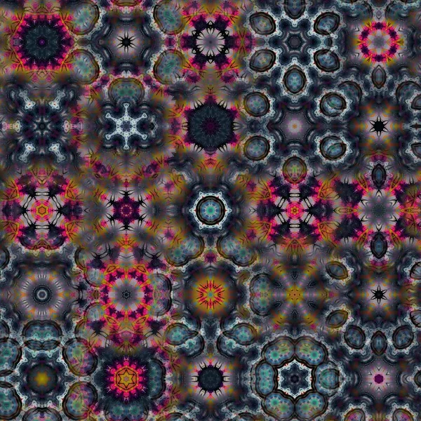 エキゾチックな色抽象万華鏡スタイル シームレスなパターン スパイラルと開花の花と黒ペチュニアの花の概念 — ストック写真