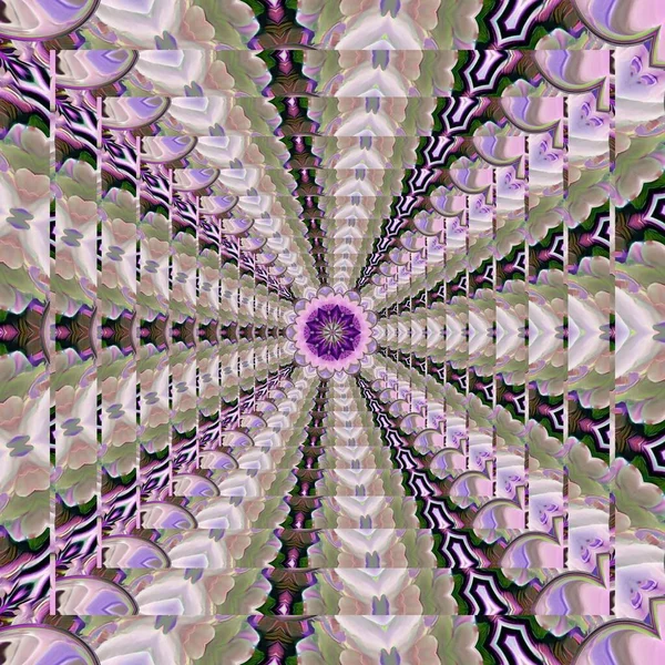 紫色の波状の抽象的なラインデザインを咲かせます 万華鏡 極性をテーマにした対称性の概念 幾何学的 平彩色パターン — ストック写真