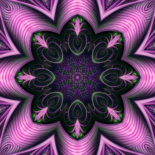 古色古香的月桂花设计质感 数码风格的紫黑色装饰组合概念 万花筒形主题 无缝图案 几何图形 曼陀罗 — 图库照片