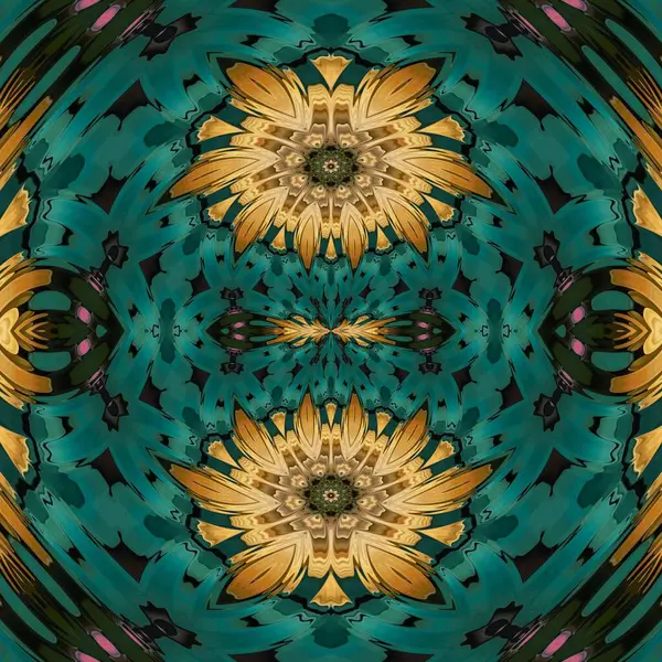 Gelbe Sonnenblumentextur Mit Wellenförmiger Kreativer Korndekoration Kaleidoskop Nahtlosem Muster Mandala — Stockfoto