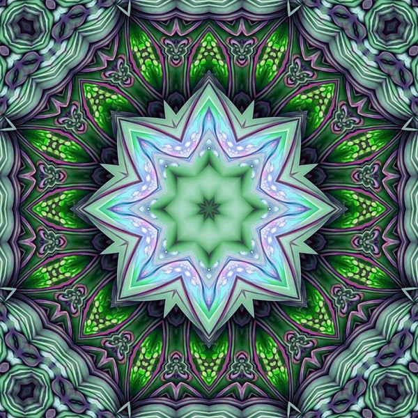 Kaleidoskop Textura Design Bezešvé Vzor Zelené Listy Mandala Unikátní Umění — Stock fotografie