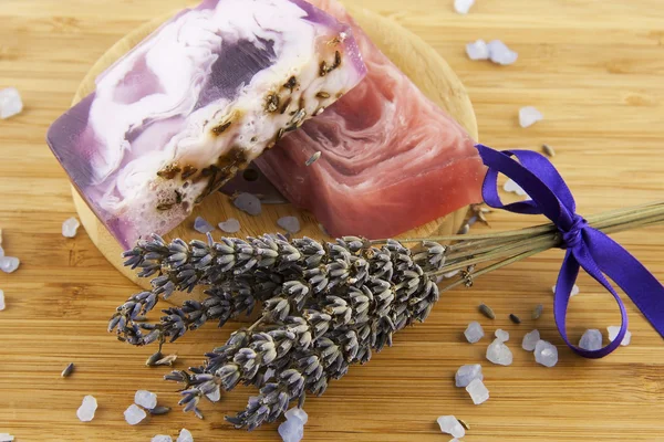 Spa setting with salt and soap — Stock Photo, Image