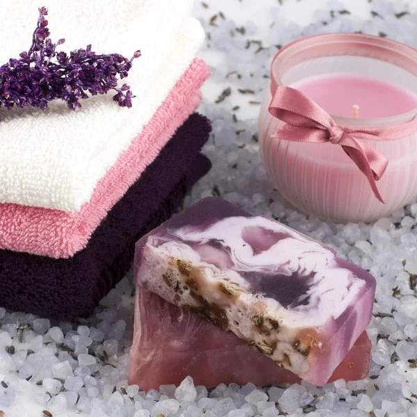 Spa setting with soap and salt — Stock Photo, Image