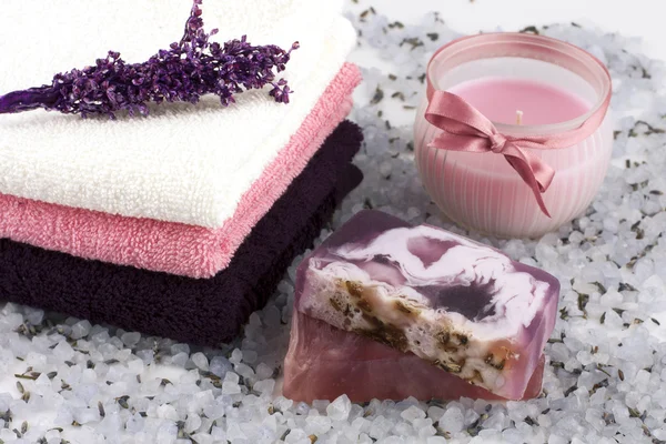 Spa setting with soap and salt — Stock Photo, Image