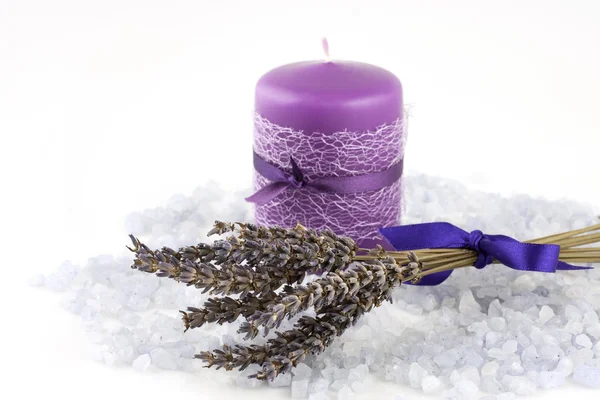 Still life with lavender flowers and candle — Stock Photo, Image