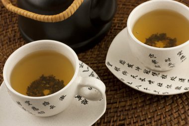 Seramik çaydanlık ve çay bardağı ile yeşil çay