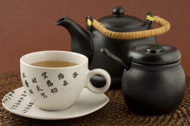 çay Kupası ve çaydanlık ve sugar bowl ile natürmort