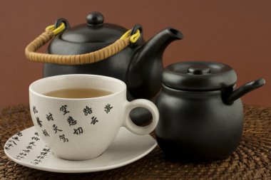 çay Kupası ve çaydanlık ve sugar bowl ile natürmort