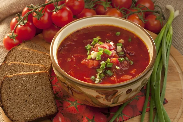 Borscht rojo nacional ucraniano y ruso de verduras y carne —  Fotos de Stock