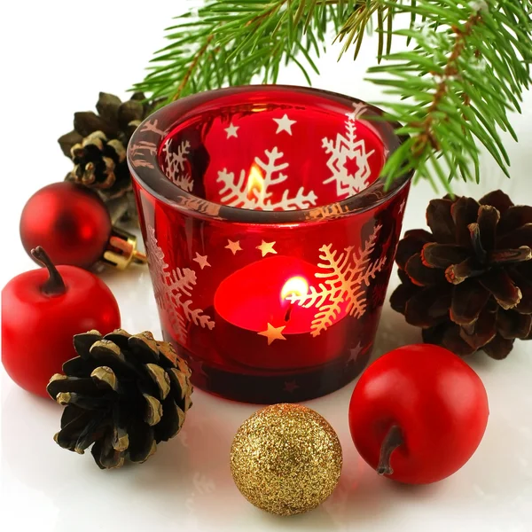 Christmas still life with candles and fir tree branches — Stock Photo, Image
