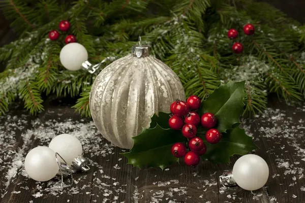 Christmas color balls on a wooden surface — Stock Photo, Image