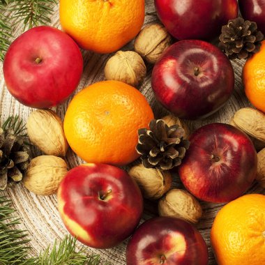 Noel natürmort elma ve mandarin