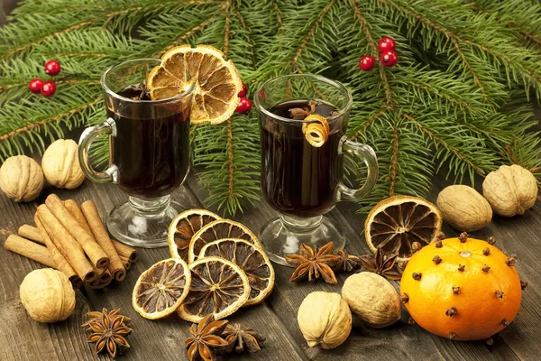 Christmas still life with two glasses of mulled wine — Stock Photo, Image