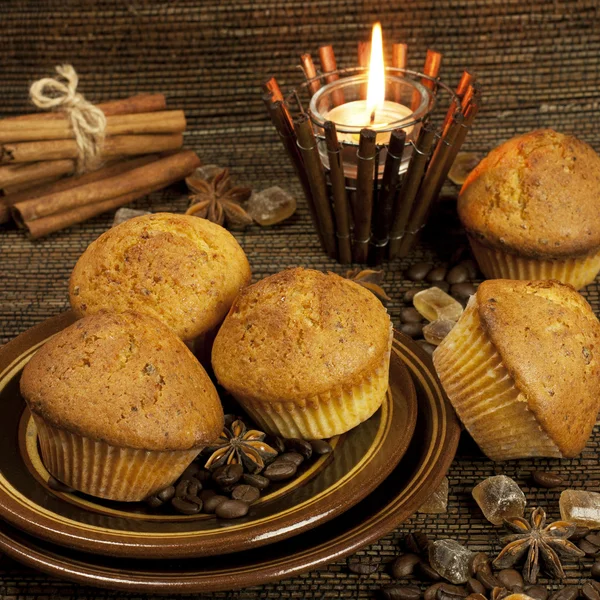 Tasty vanilla cupcakes with candle — Stock Photo, Image