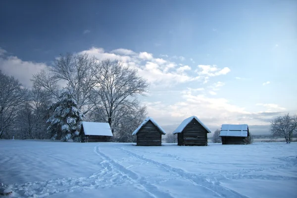 Wooden house in winter forest, sunset — Stock Photo, Image