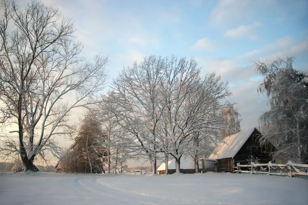 Casa de madeira na floresta de inverno, por do sol — Fotografia de Stock