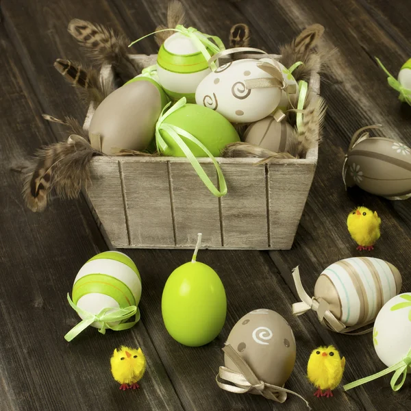 Easter eggs in little wooden box — Stock Photo, Image