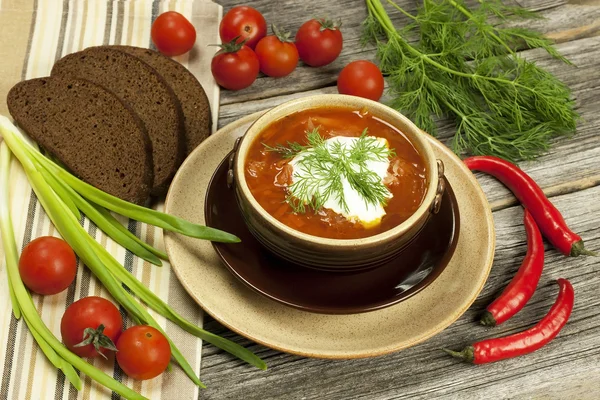 Red borscht with dill in ceramic  bowl — Stock Photo, Image